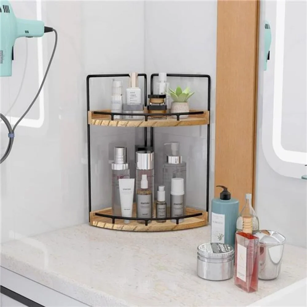 2-Tier Bathroom Counter Organizer,Vanity Counter Corner Shelf, Skincare, Wood